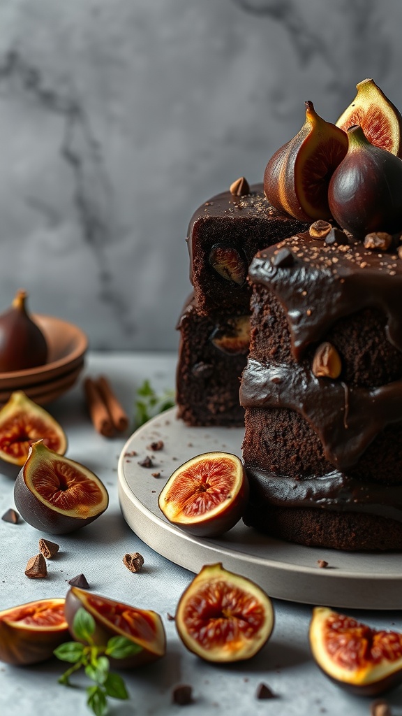 A slice of chocolate fig cake with fresh figs on top