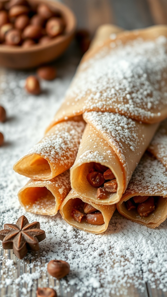 Chocolate hazelnut crepes with powdered sugar and hazelnuts.