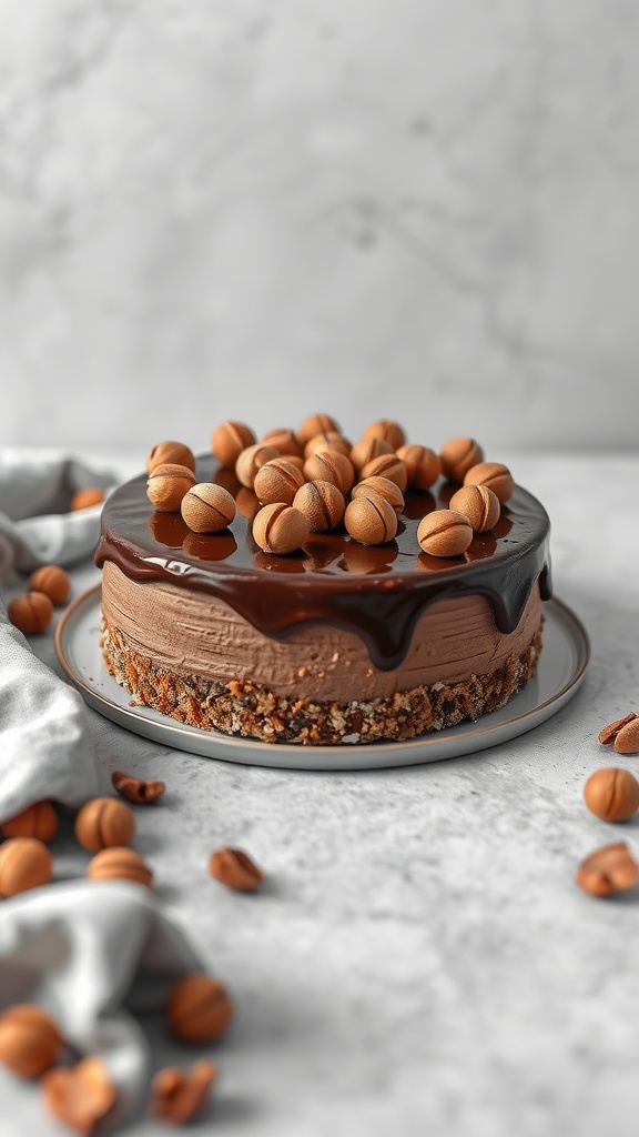 A delicious chocolate hazelnut torte topped with hazelnuts and chocolate glaze.