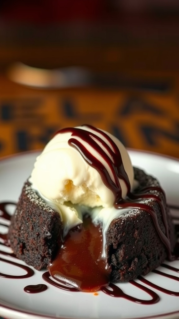 A delicious chocolate lava cake with a melting center, topped with vanilla ice cream and chocolate sauce.