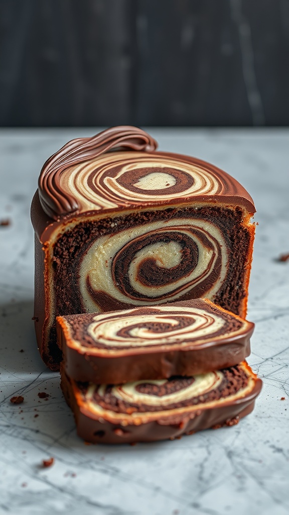 A sliced chocolate marble cake showcasing beautiful swirls of chocolate and vanilla.
