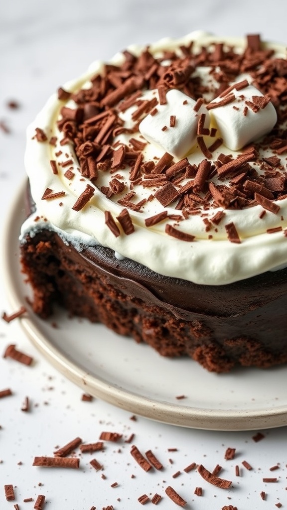 Chocolate Marshmallow Frosted Cake with chocolate shavings and marshmallows on top.
