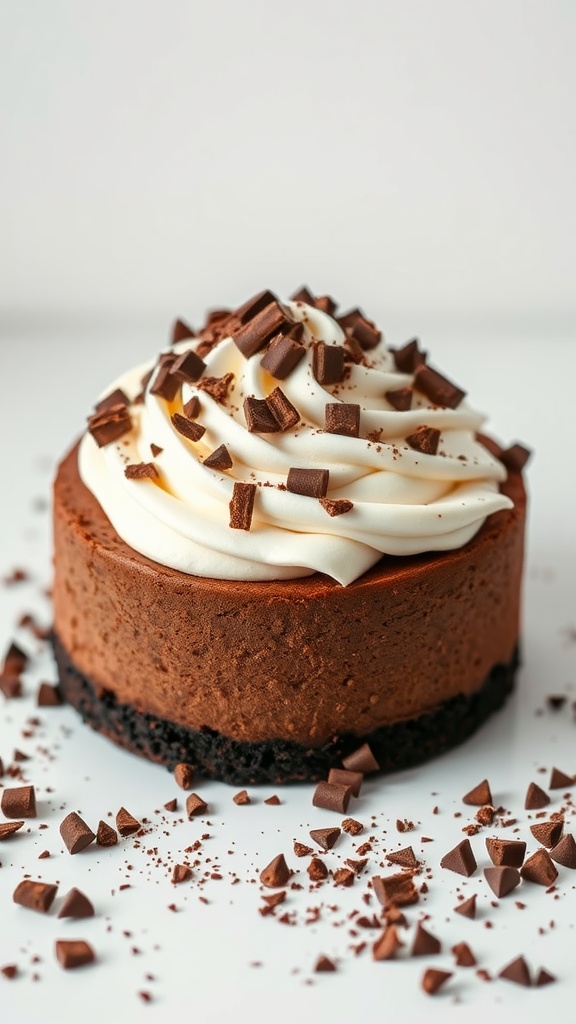 A rich chocolate mousse cake topped with whipped cream and chocolate shavings.