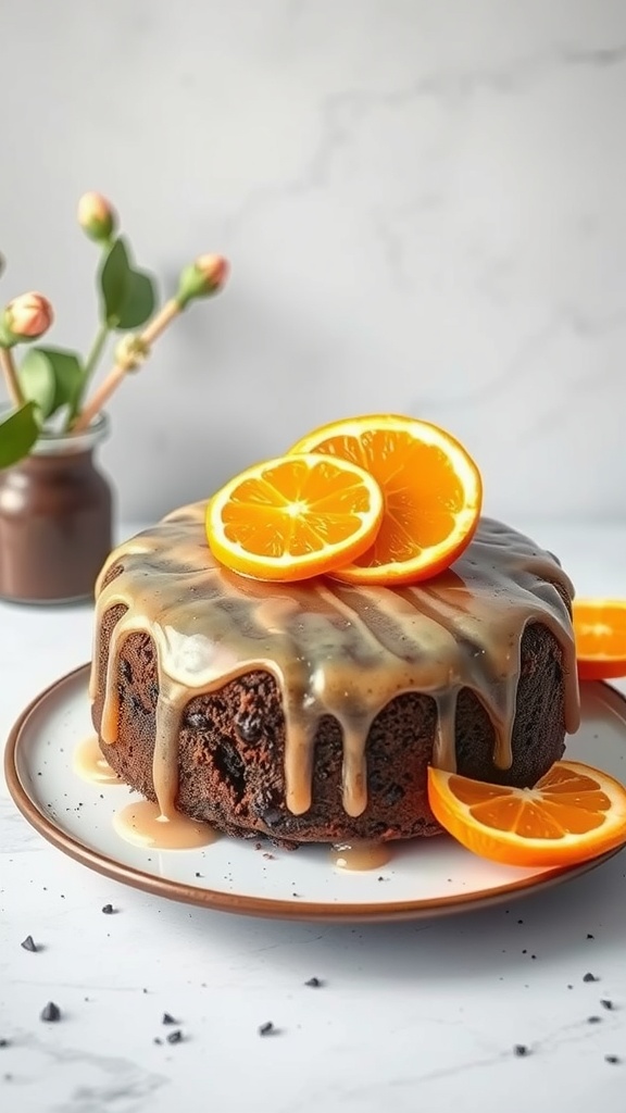 A delicious chocolate cake topped with a zesty orange glaze and garnished with orange slices.