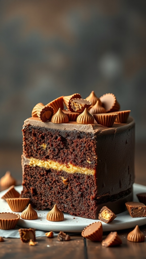 A close-up view of a moist chocolate cake layered with creamy peanut butter filling and topped with mini peanut butter cups.