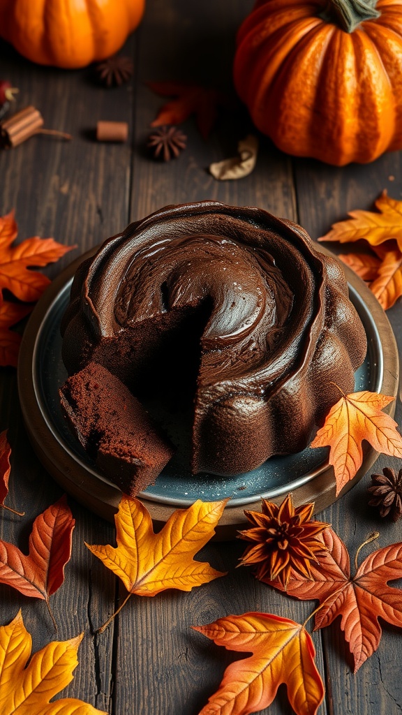 A beautifully baked chocolate pumpkin cake surrounded by autumn leaves and pumpkins.