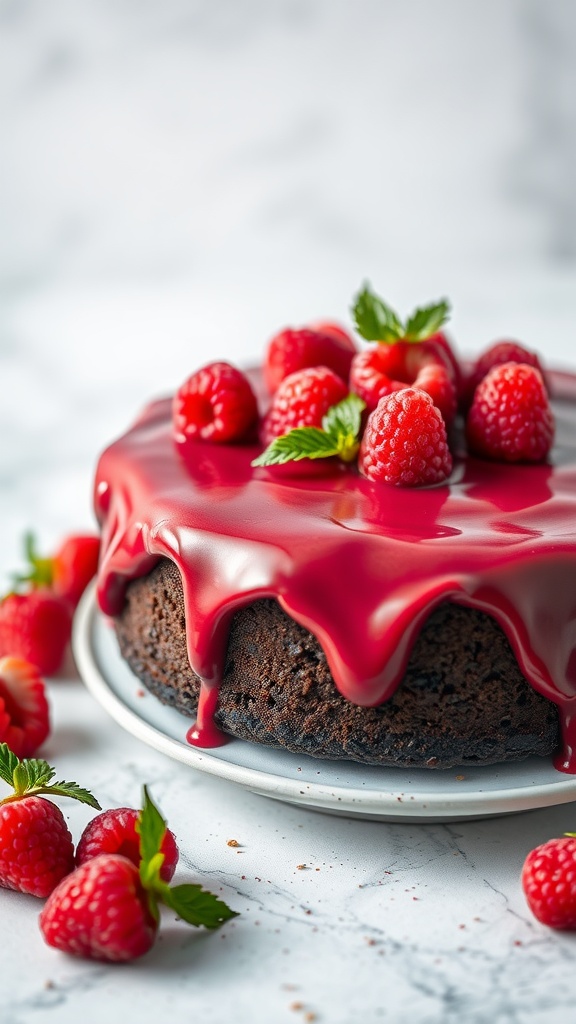 Chocolate cake topped with raspberry ganache and fresh raspberries