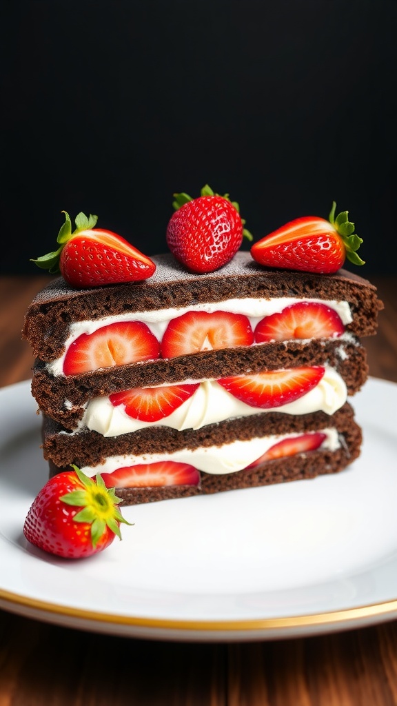 A delicious chocolate strawberry shortcake layered with cream and fresh strawberries.