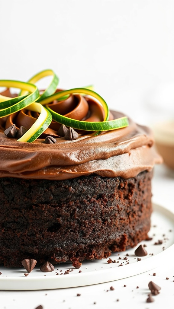 A delicious chocolate zucchini cake topped with chocolate frosting and decorative slices of zucchini.