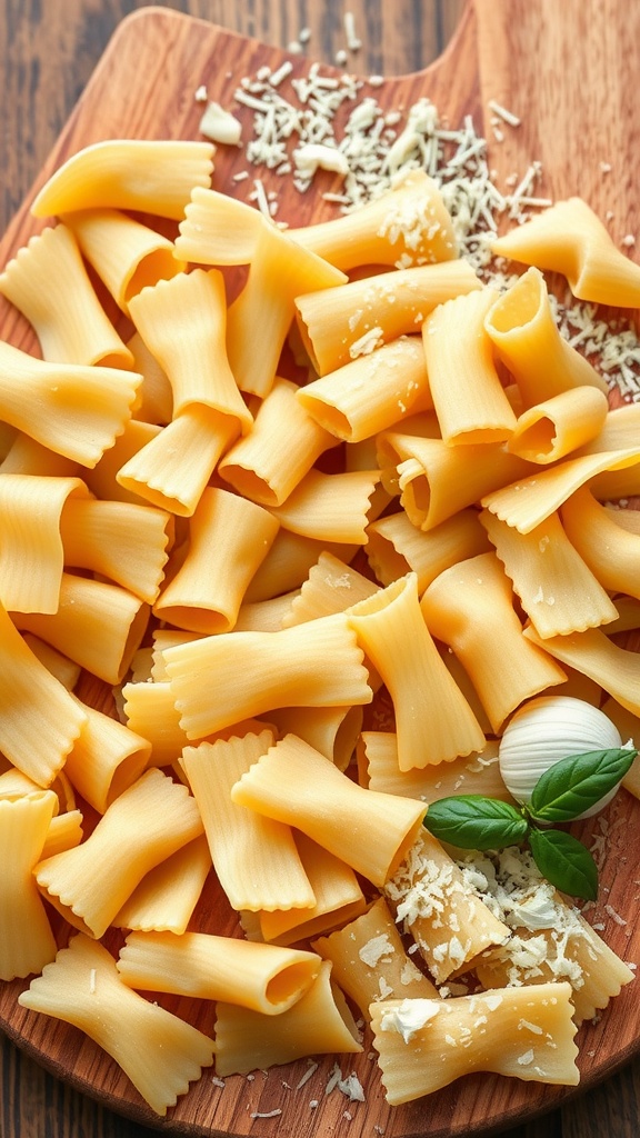 A variety of pasta shapes on a wooden board, alongside garlic and cheese.