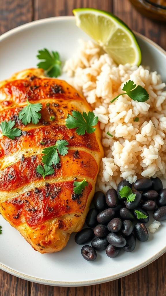 A plate featuring cilantro lime chicken, rice, and black beans with fresh lime.