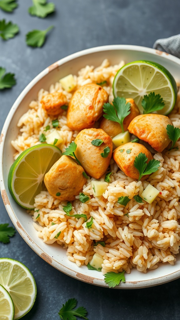 A plate of cilantro lime chicken and rice with lime slices and fresh cilantro on top.