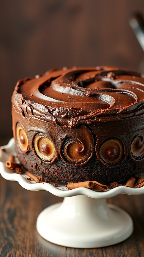 A beautifully decorated chocolate cake with a rich frosting and cinnamon swirl design.