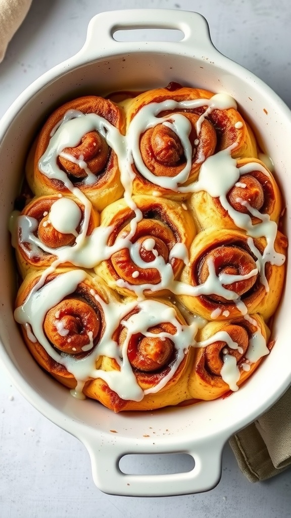 A baked cinnamon roll casserole topped with icing in a white dish.