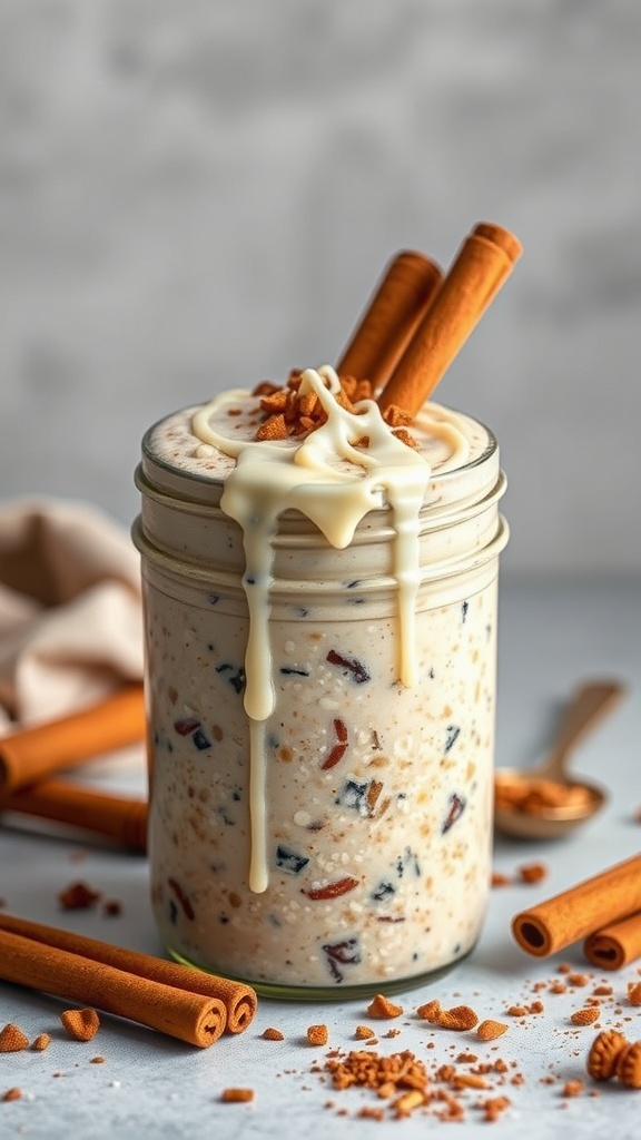 A jar of creamy cinnamon roll overnight oats topped with cinnamon sticks and a drizzle of icing.