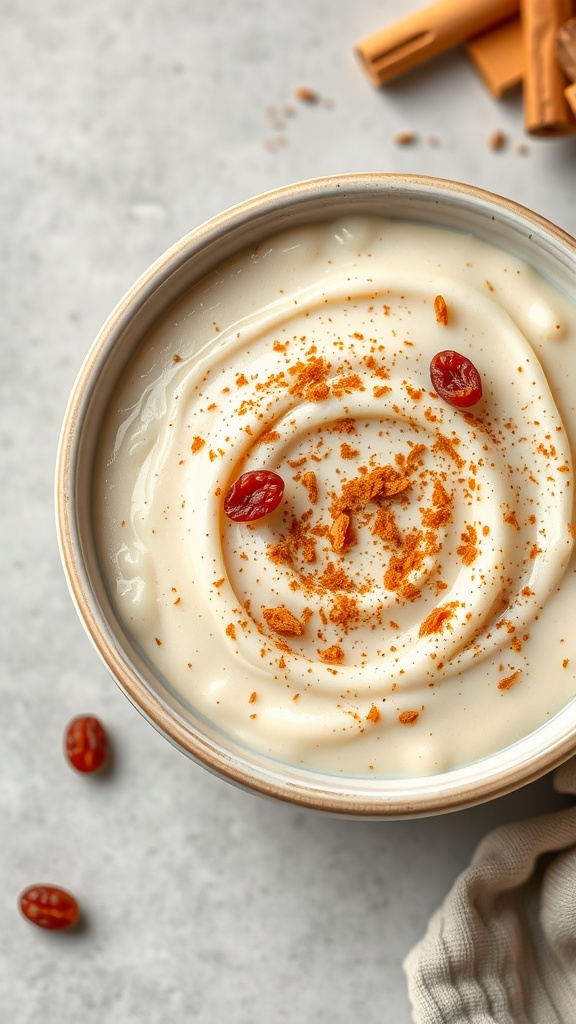 A bowl of creamy rice pudding topped with cinnamon and red berries.