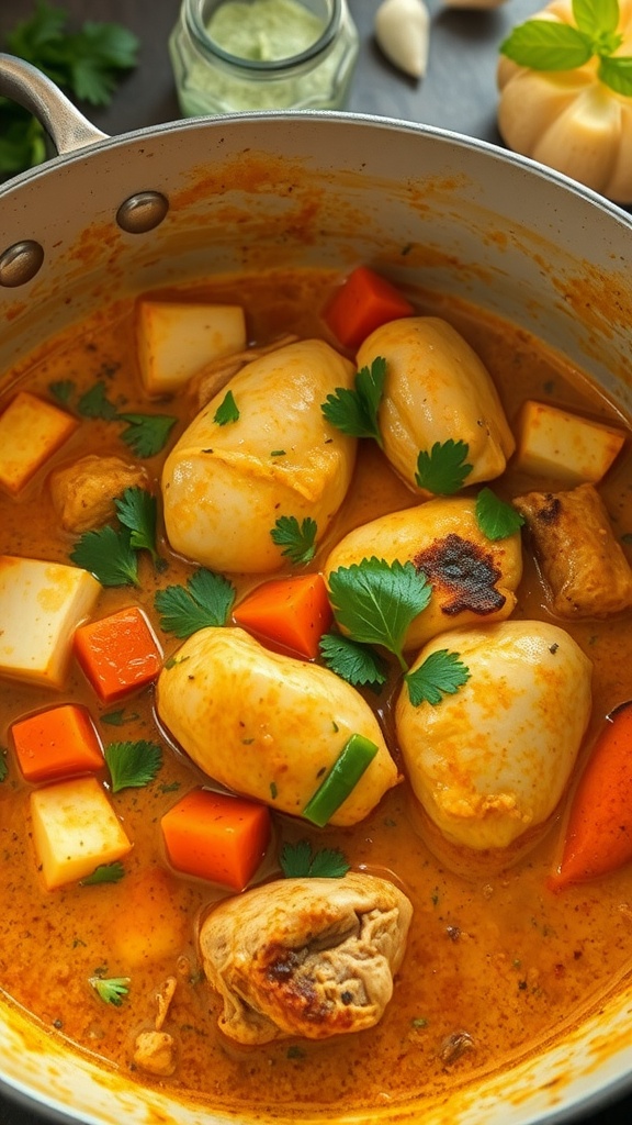 A pot of coconut curry chicken with vegetables.