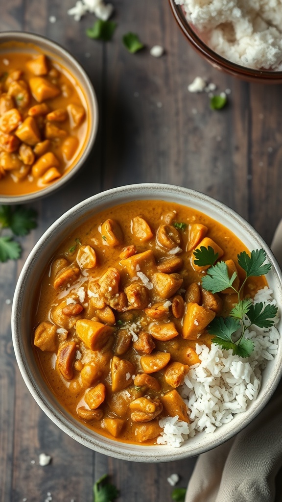 A bowl of coconut curry lentils with rice and cilantro.