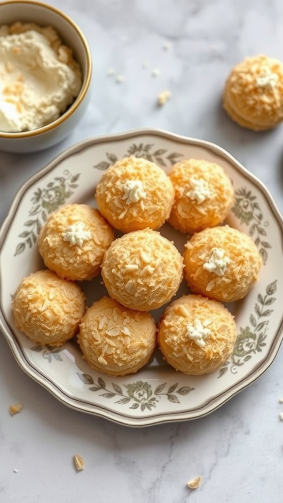 A plate of coconut macaroons topped with cream