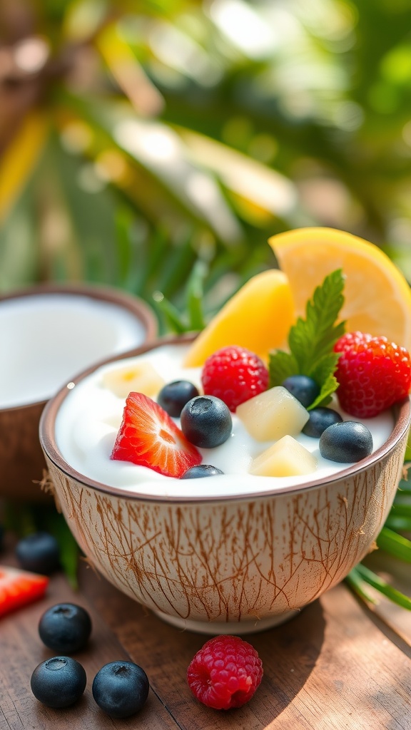 A bowl of coconut yogurt topped with fresh fruits, including strawberries, blueberries, raspberries, and pineapple, garnished with mint leaves.