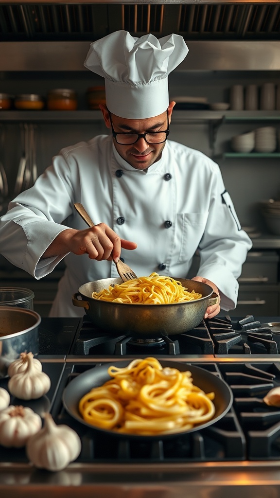 Chef preparing garlic parmesan chicken pasta in a kitchen.