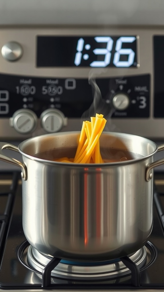 Pasta cooking in a pot on a stove with a timer showing 1:36