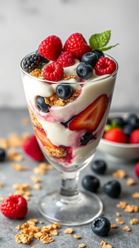 A delicious cottage cheese and berry parfait with layers of berries and granola in a glass.
