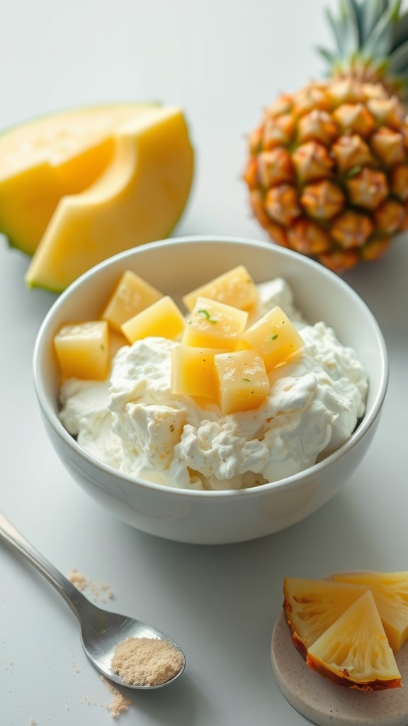 Bowl of cottage cheese topped with pineapple chunks.