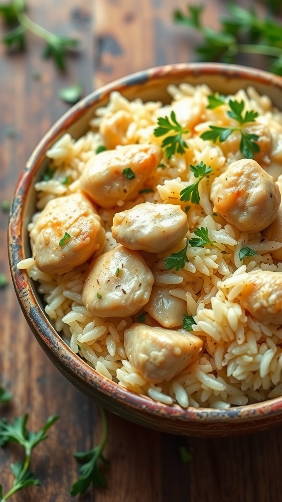 A bowl of creamy garlic parmesan chicken and rice garnished with parsley.