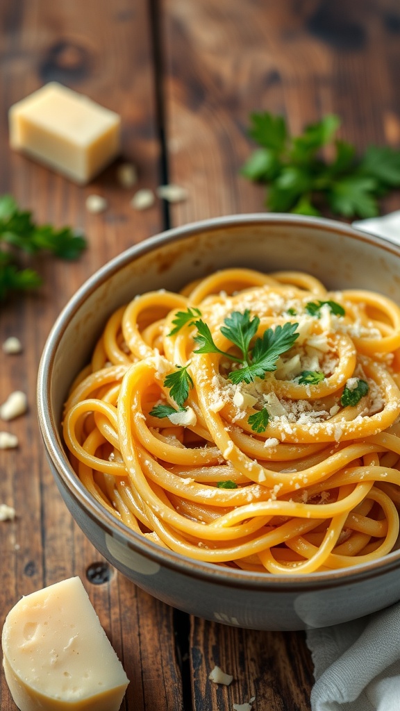 A bowl of spaghetti with creamy garlic parmesan sauce garnished with parsley.