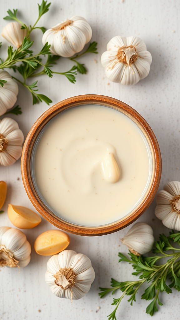 A bowl of creamy garlic parmesan sauce surrounded by garlic cloves and fresh parsley.