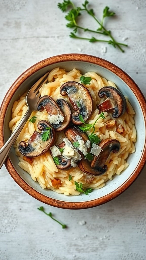 A bowl of creamy mushroom risotto topped with herbs and mushrooms