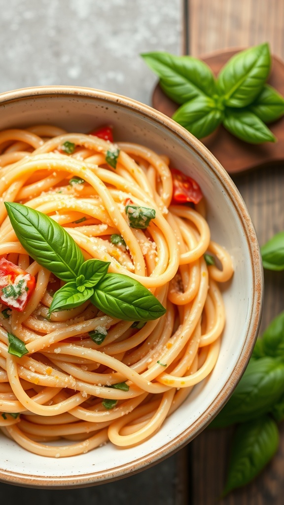 A bowl of creamy tomato basil pasta topped with fresh basil leaves.