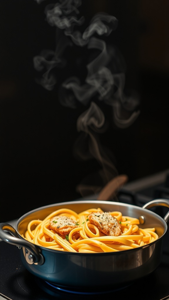 A steaming pot of garlic parmesan chicken pasta