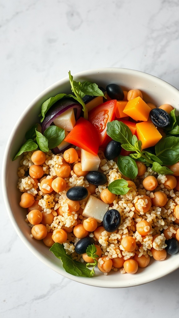 A bowl filled with crispy chickpeas, quinoa, and colorful vegetables.