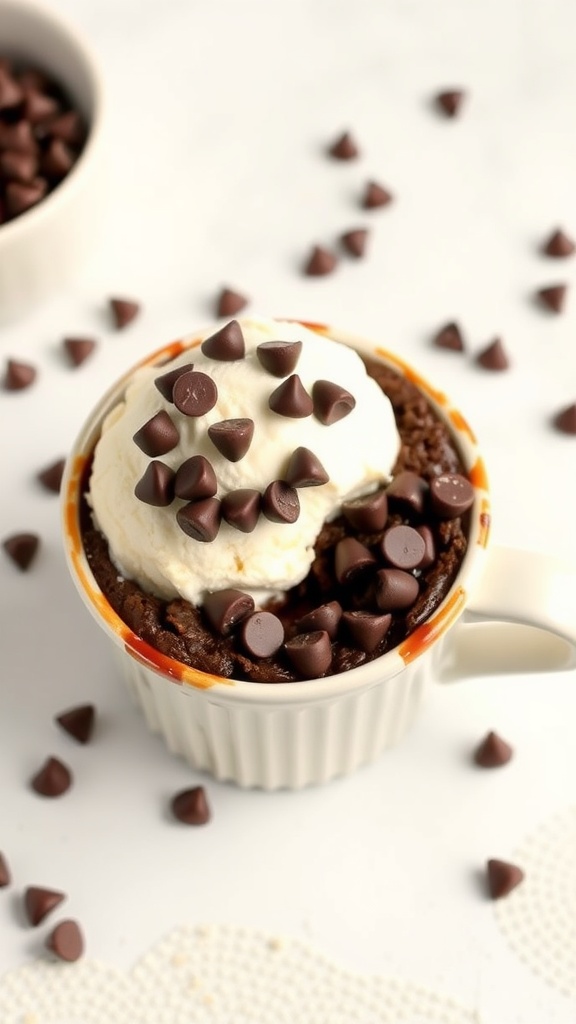 A delicious chocolate mug cake topped with whipped cream and chocolate chips