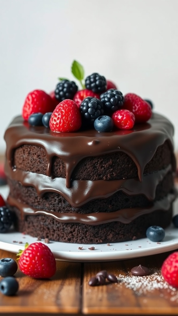 A rich dark chocolate cake topped with fresh berries.