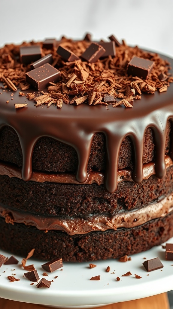 A delicious dark chocolate layer cake with rich frosting and chocolate decorations