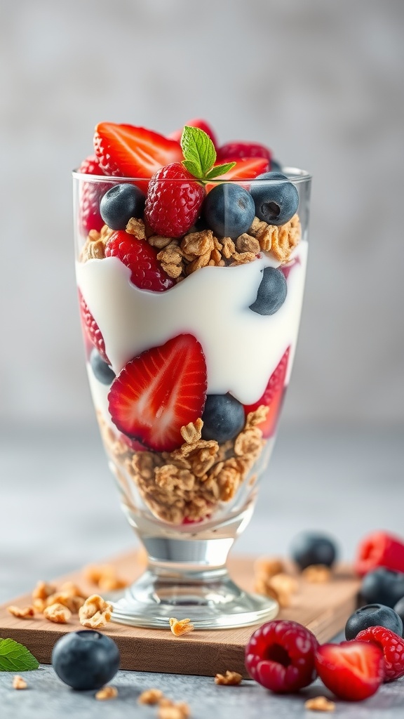 A delicious berry parfait with layers of yogurt, granola, strawberries, blueberries, and raspberries.