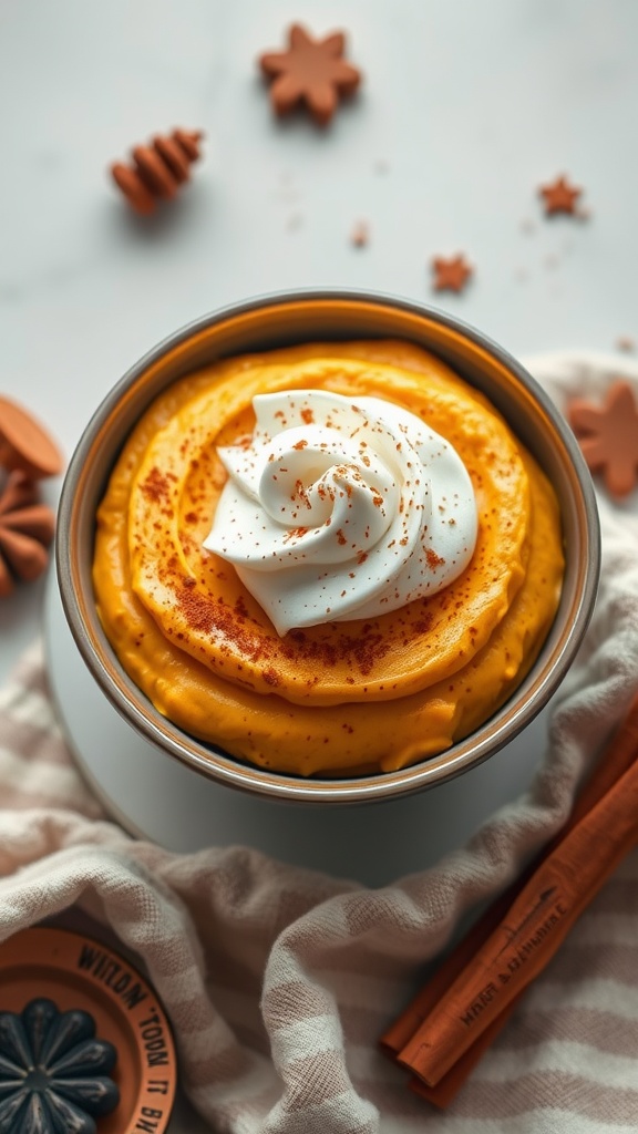 A bowl of creamy pumpkin mousse topped with whipped cream and a sprinkle of cinnamon, surrounded by festive decorations.