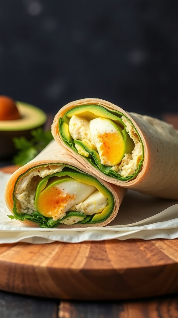 An egg and avocado wrap cut in half, showcasing the layers of egg, avocado, and greens, resting on a wooden cutting board.