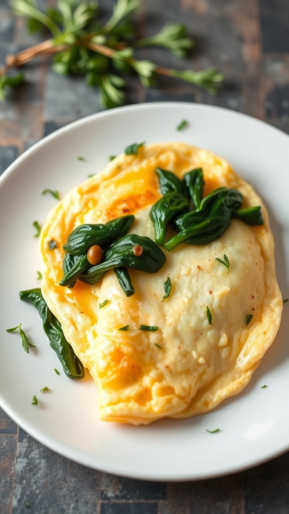 A fluffy egg white and spinach omelette garnished with herbs.