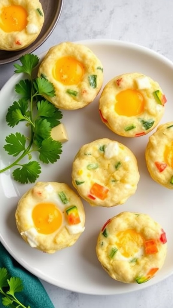 A plate of egg white and veggie muffins with bright vegetables and herbs.