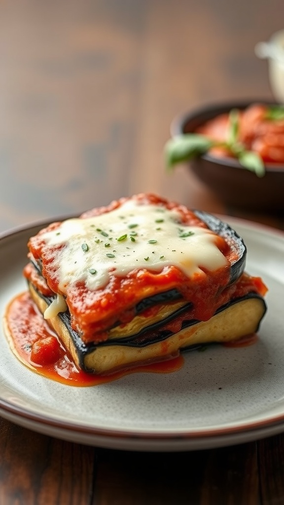 A plate of eggplant parmesan with layers of eggplant, marinara sauce, and melted cheese.