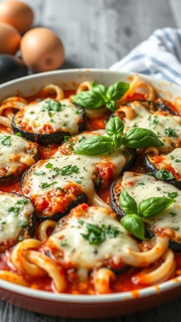 A delicious serving of eggplant parmesan topped with fresh basil and cheese.