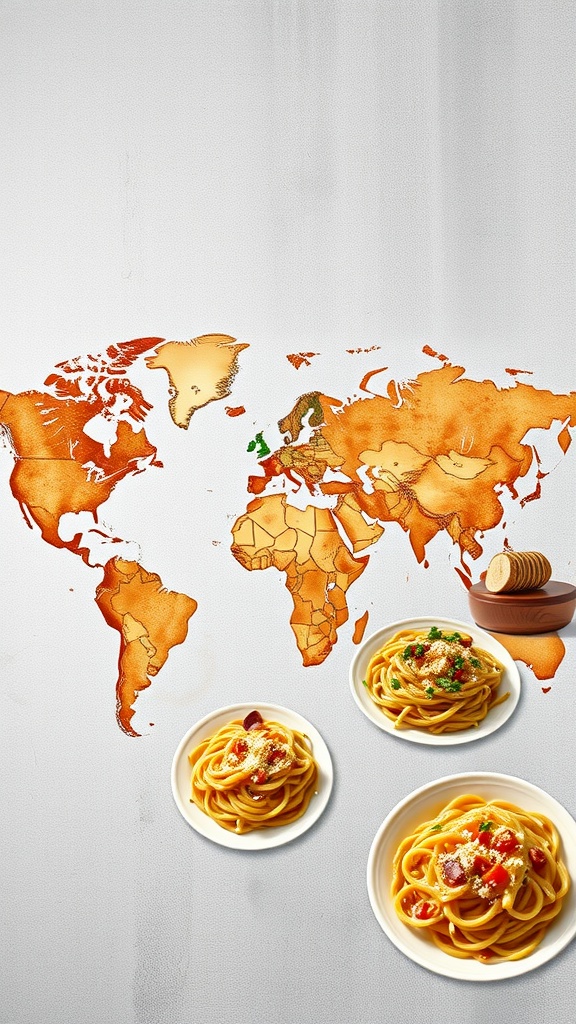 A map of the world with various plates of garlic parmesan chicken pasta