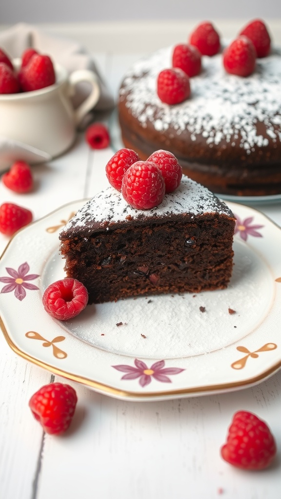 A slice of flourless chocolate cake topped with raspberries and powdered sugar