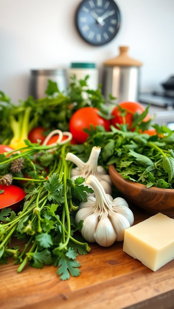 A spread of fresh ingredients including garlic, tomatoes, herbs, and cheese on a wooden countertop.