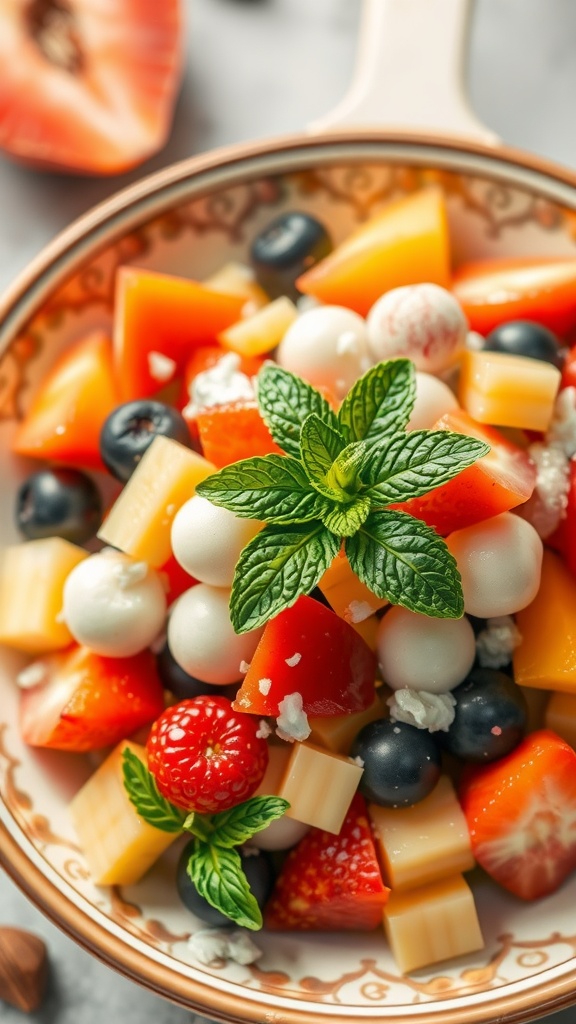 A vibrant bowl of fruit salad featuring various fruits with fresh mint leaves for garnish.