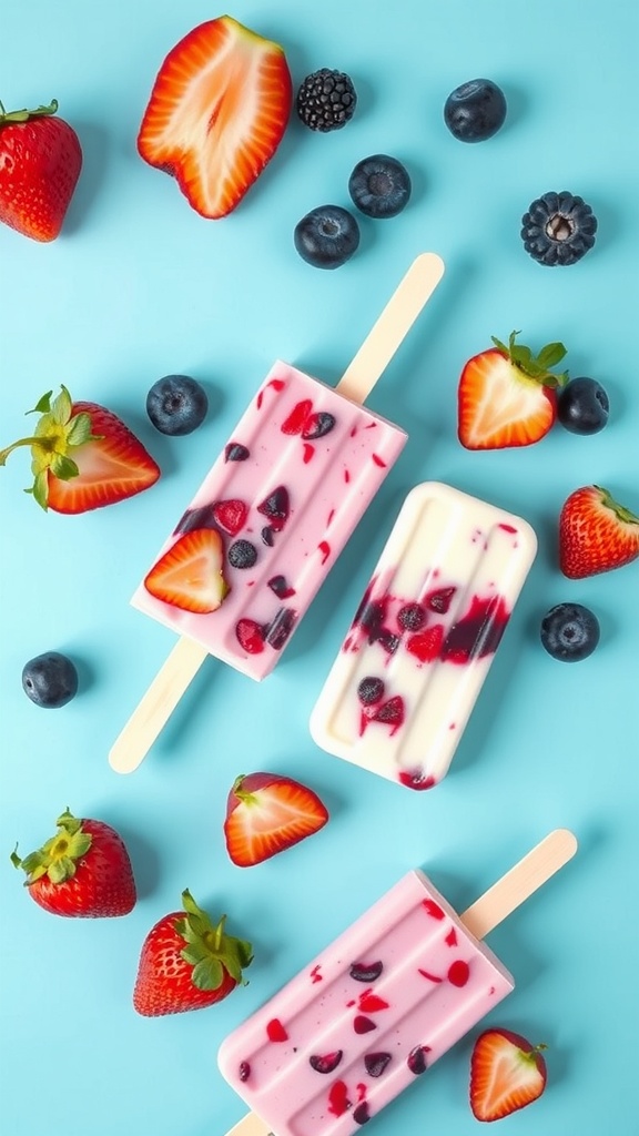 Colorful fruity yogurt popsicles with strawberries and blueberries on a blue background.
